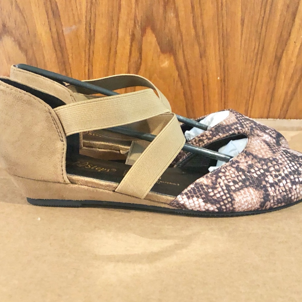 Angel Steps Shoes Sz 7.5 Ballet Flat Elastic Ankle Strap Riley Flat Snakeskin